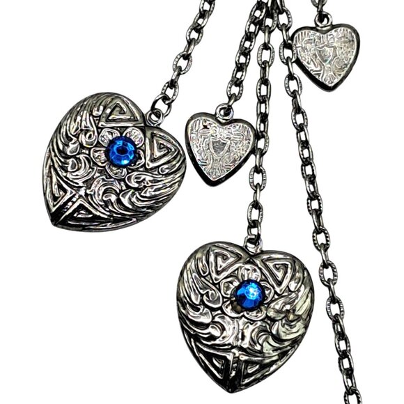 Heart Dangle Brooch Blue Rhinestones Silver Tone Chatelaine Style Pin Costume Je - Picture 3 of 9